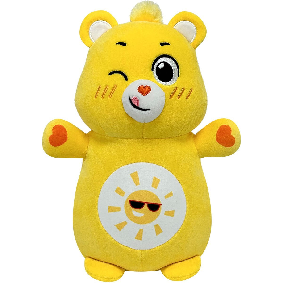 Yellow Funshine Care Bear plush toy winking, featuring sun with sunglasses belly badge