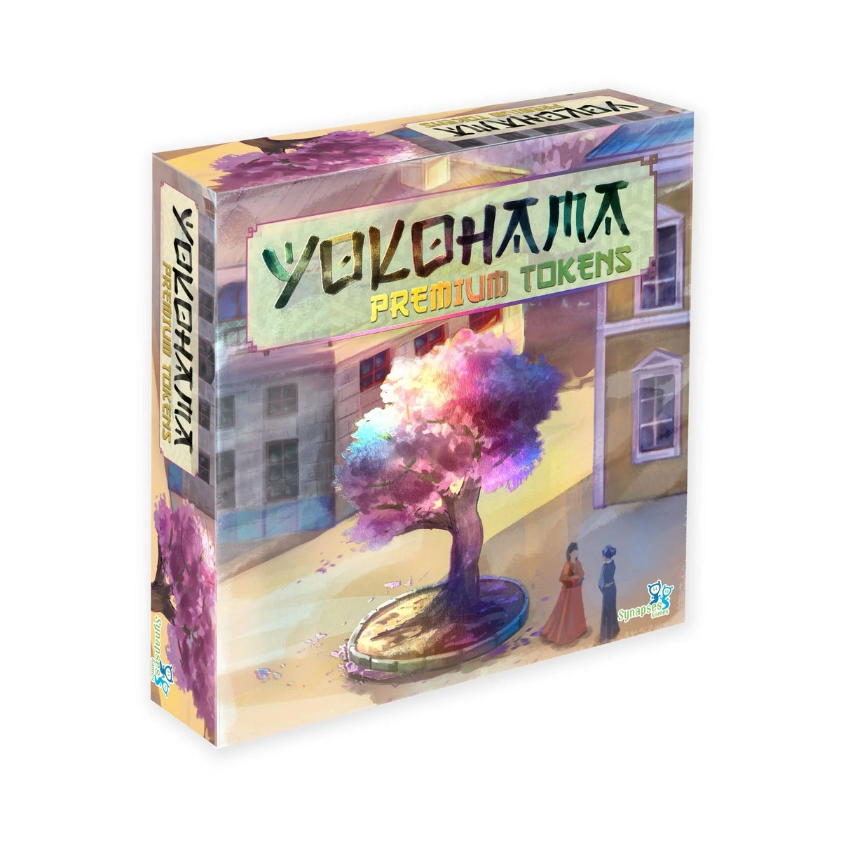 An upright box for Yokohama Premium Tokens, adorned with vibrant artwork of a rainbow-hued tree, traditional buildings, and two people