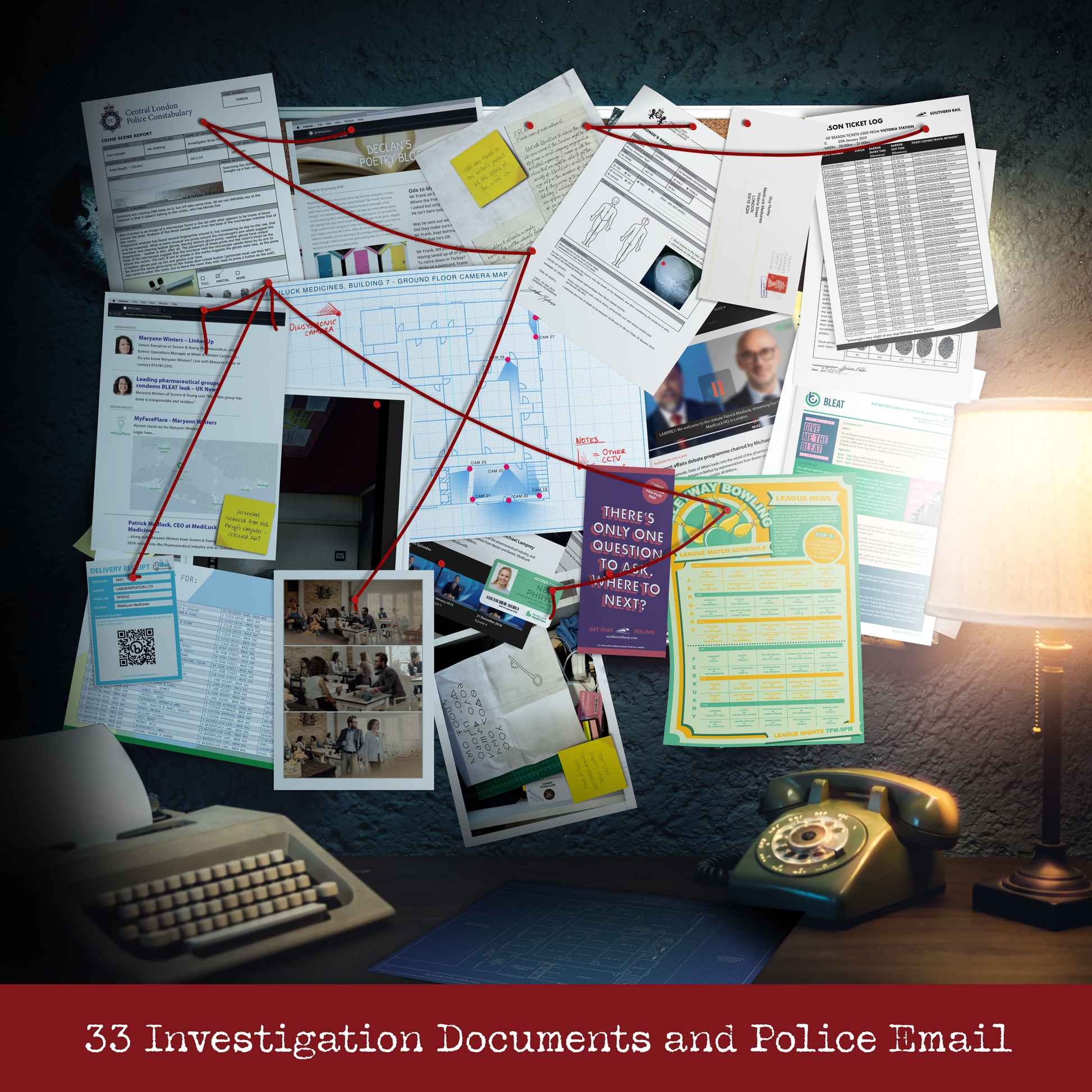 Darkened desk showing a detective's investigation board: reports, maps and clues linked by red string