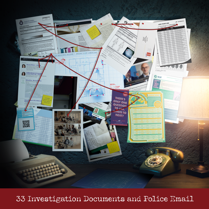 Darkened desk showing a detective's investigation board: reports, maps and clues linked by red string