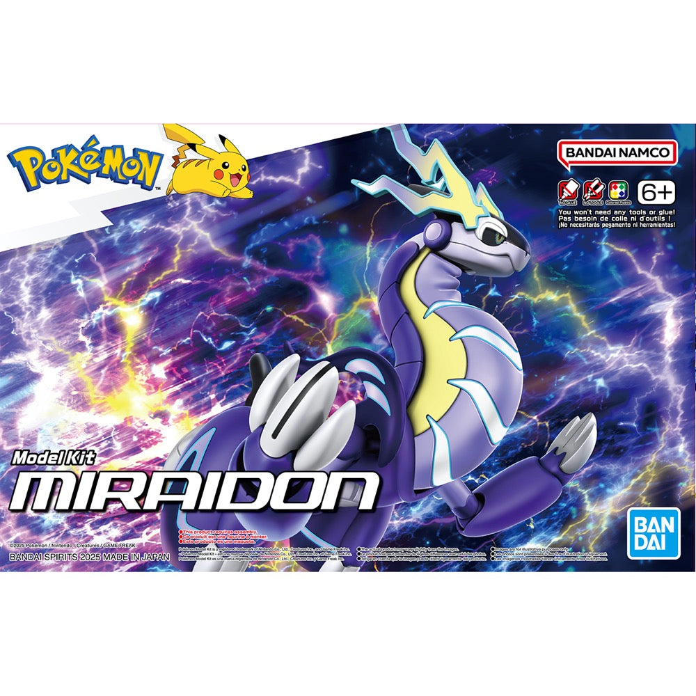 Pokémon Miraidon Model Kit box by Bandai, showing the futuristic legendary creature against a dynamic electric background