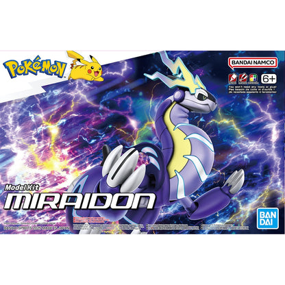 Pokémon Miraidon Model Kit box by Bandai, showing the futuristic legendary creature against a dynamic electric background