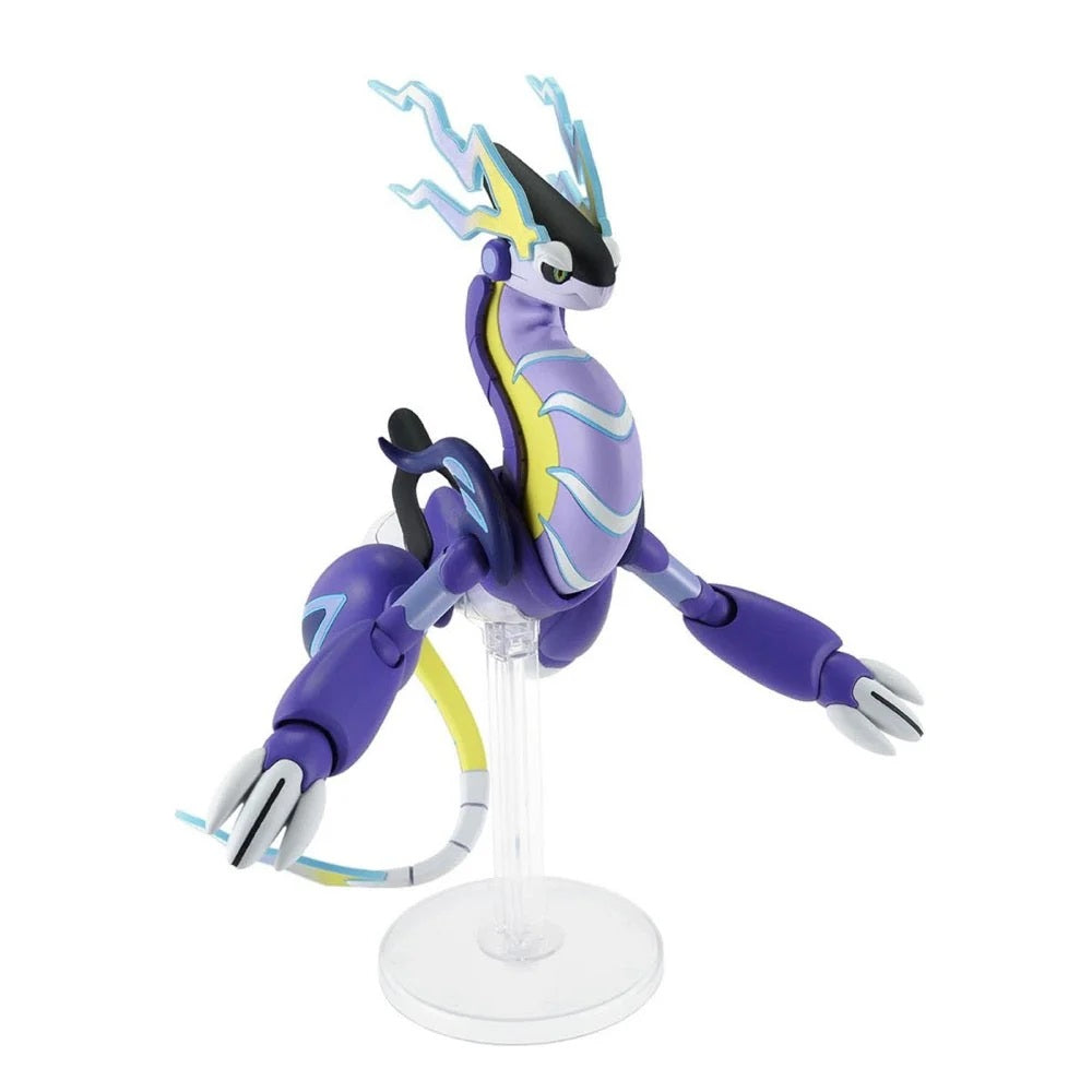 Articulated figure of the Legendary Pokémon Miraidon, purple and black, posed dynamically on a stand