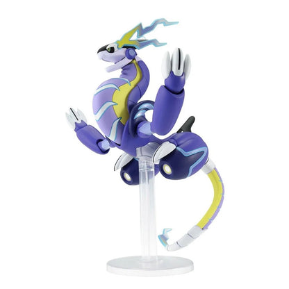 Articulated figure of Miraidon, a purple and yellow mechanical dragon, posed mid-air on a clear display stand