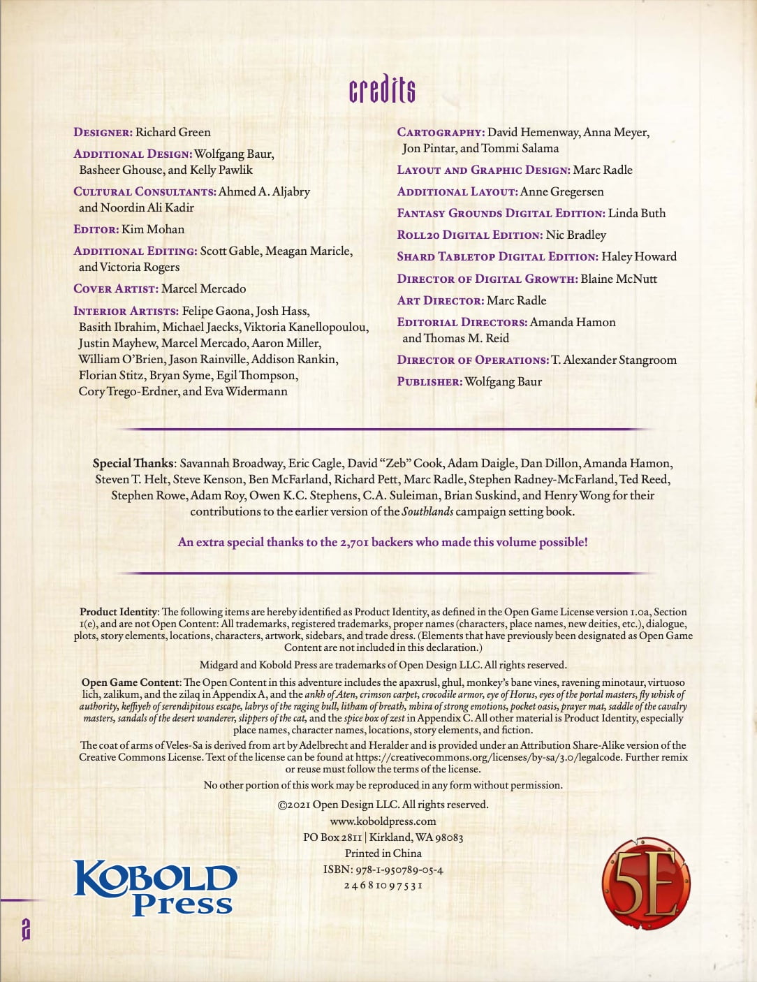 A page from the Kobold Press Southlands Worldbook for 5th Edition Sourcebook displaying credits and legal product identity information
