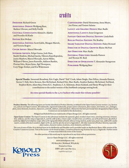A page from the Kobold Press Southlands Worldbook for 5th Edition Sourcebook displaying credits and legal product identity information