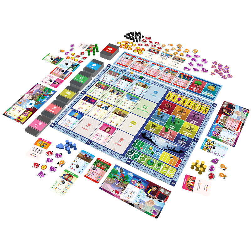 A vibrant modern board game, fully set up and ready to play, featuring a large board, diverse cards, and piles of colorful tokens
