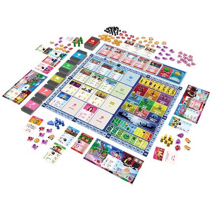 A vibrant modern board game, fully set up and ready to play, featuring a large board, diverse cards, and piles of colorful tokens