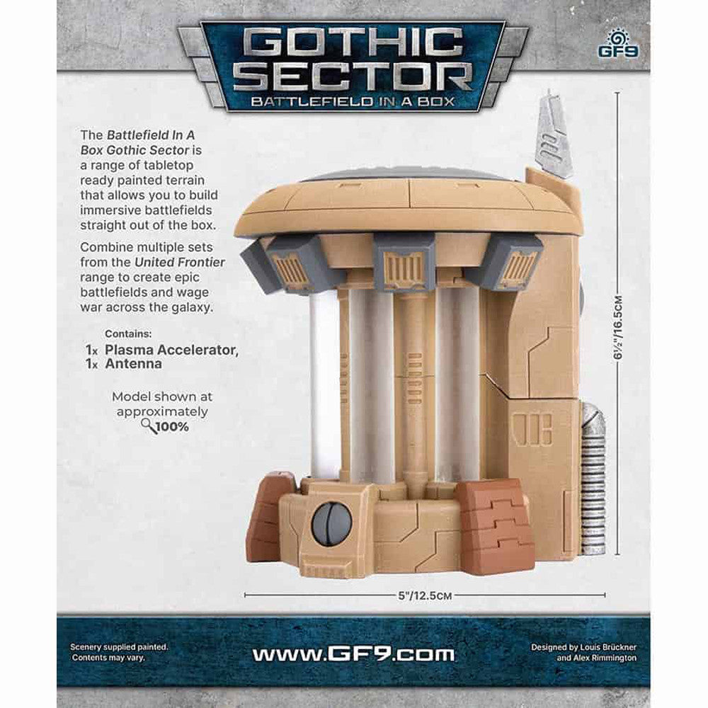 A tan Gothic Sector Plasma Accelerator tabletop terrain model with an antenna and supporting columns