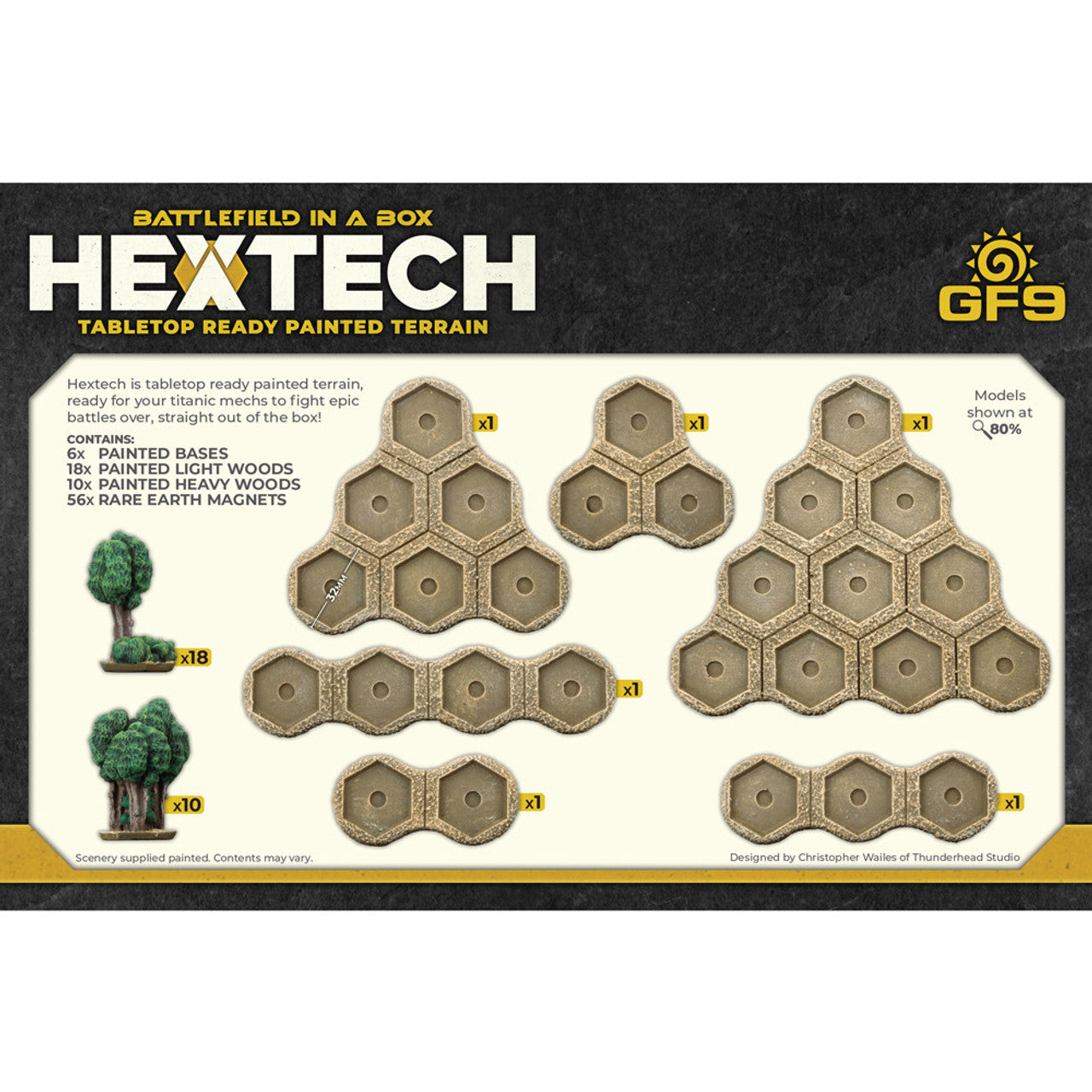 Hextech 'Battlefield in a Box' painted terrain kit: modular brown hexagonal bases & miniature green trees