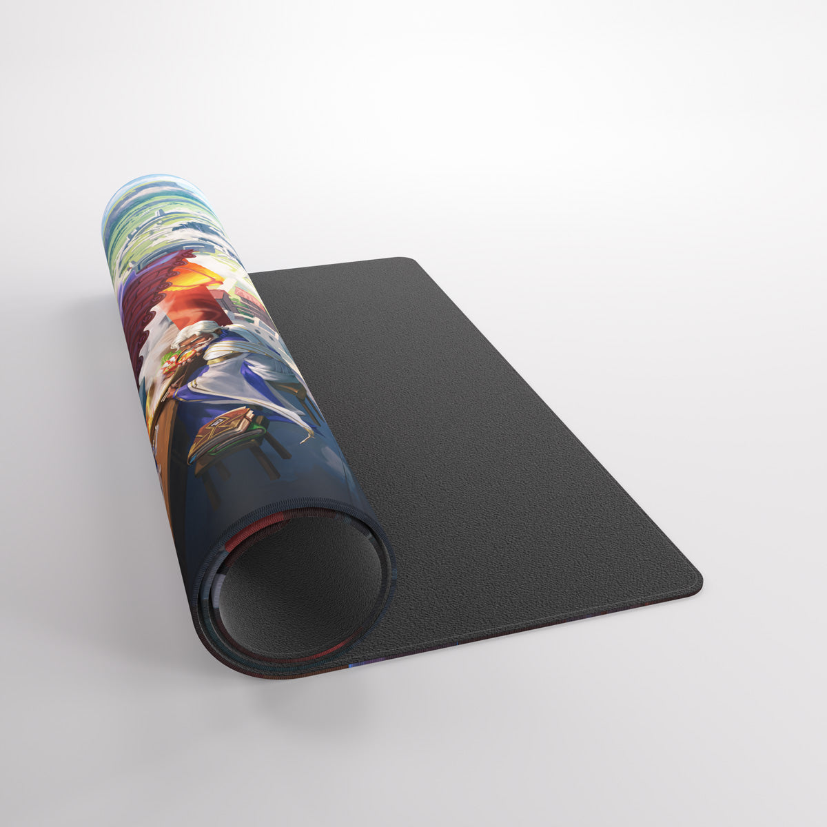 Partially unrolled mat with a colorful illustration on its surface and a dark gray underside