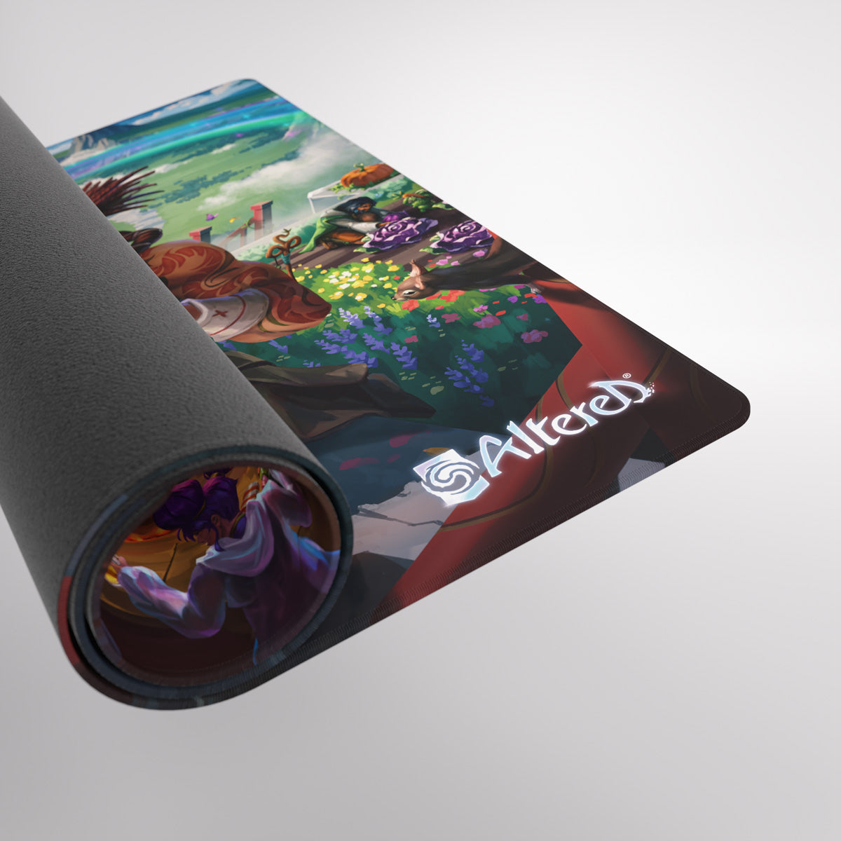 A partially rolled Altered game playmat featuring vibrant fantasy art of a landscape, flowers, an aurora, and the Altered logo