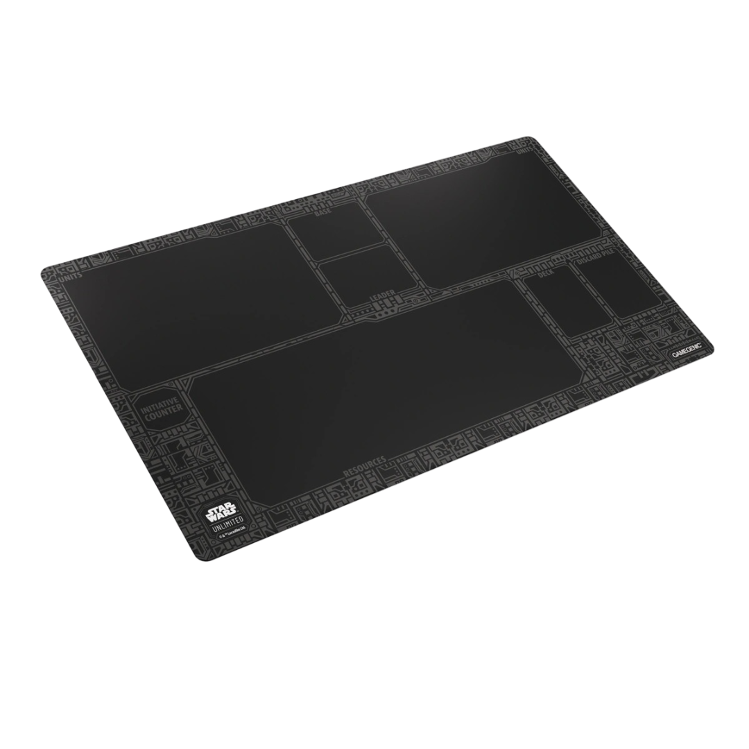 A black Star Wars: Unlimited playmat with grey sci-fi circuitry patterns and clearly labeled zones for game cards and counters