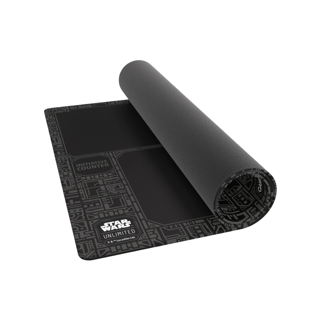 A black Star Wars Unlimited playmat, partially unrolled, with grey circuit patterns and an &#39;Initiative Counter&#39; area