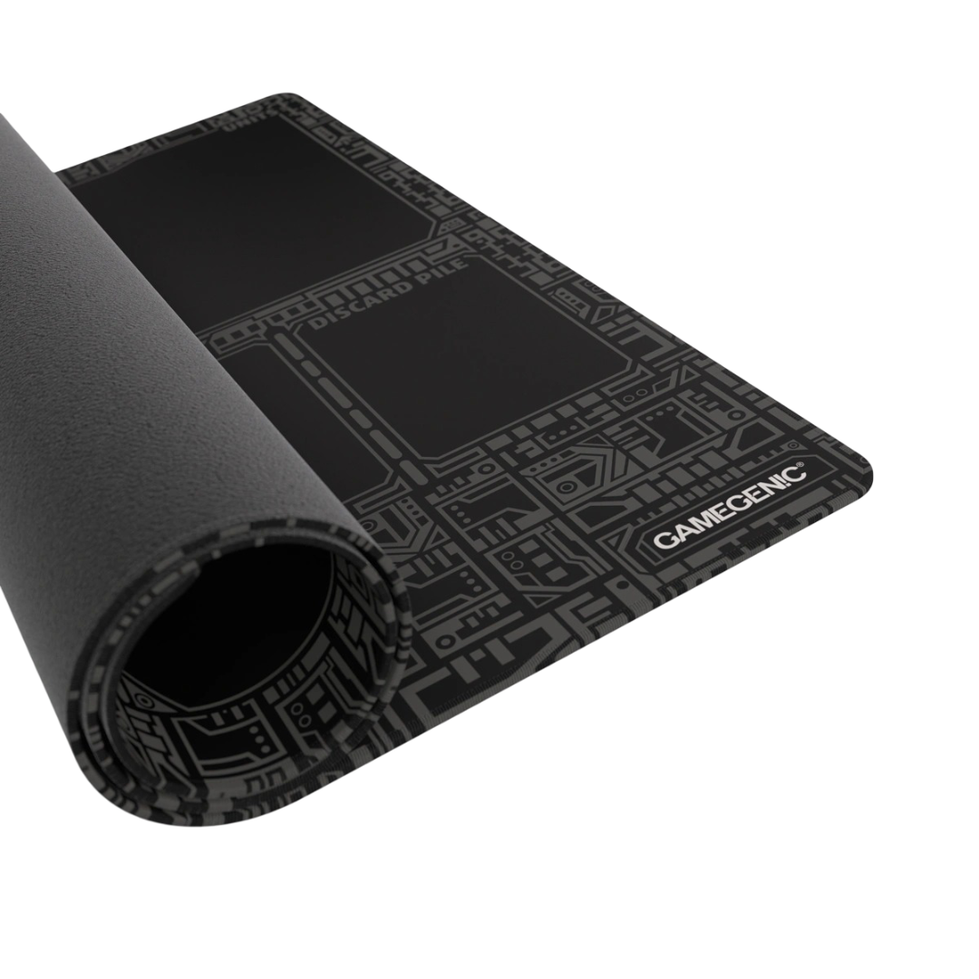 Partially rolled black playmat showing circuit pattern, &#39;DISCARD PILE&#39; zone, and Gamegenic logo