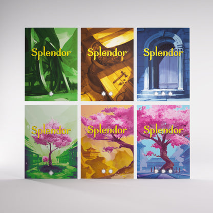 Six Splendor board game covers in a grid: green foliage, gold nuggets, an arched door, and three vibrant pink cherry blossom trees in diverse landscapes