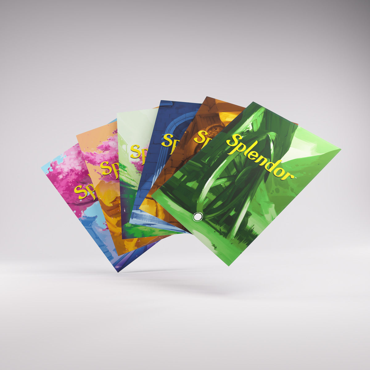 Five vibrant Splendor game cards fanned out, showing illustrations of cherry blossoms, buildings, and green landscapes, floating on a light grey background