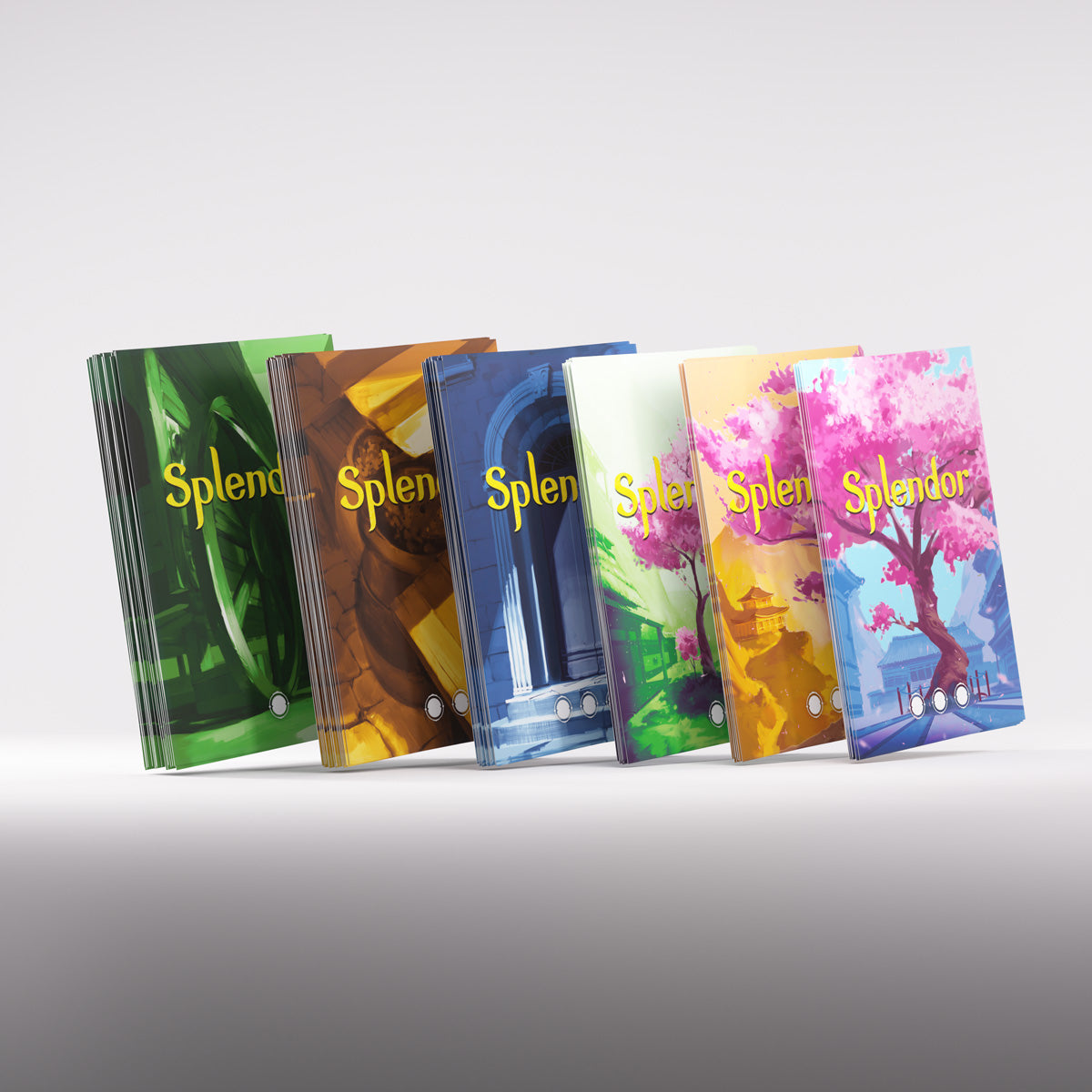 Six Splendor game boxes in a row, showcasing diverse colourful illustrations: green foliage, brown barrels, blue architecture, and pink cherry blossom trees, all with "Splendor" in yellow text