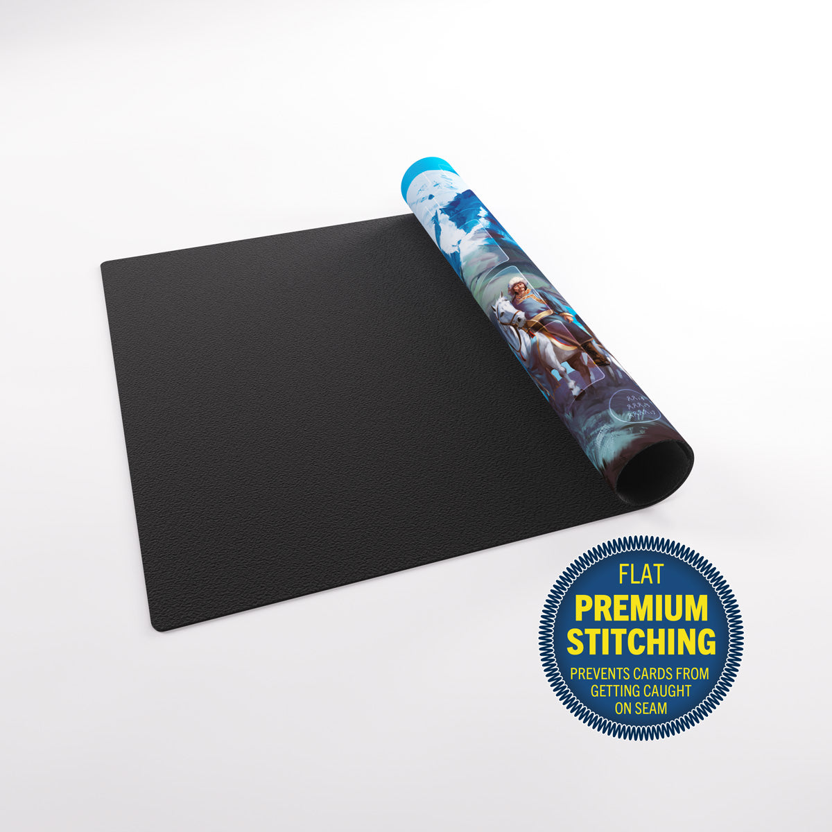 Partially unrolled black textured playmat with colourful fantasy art on the rolled section