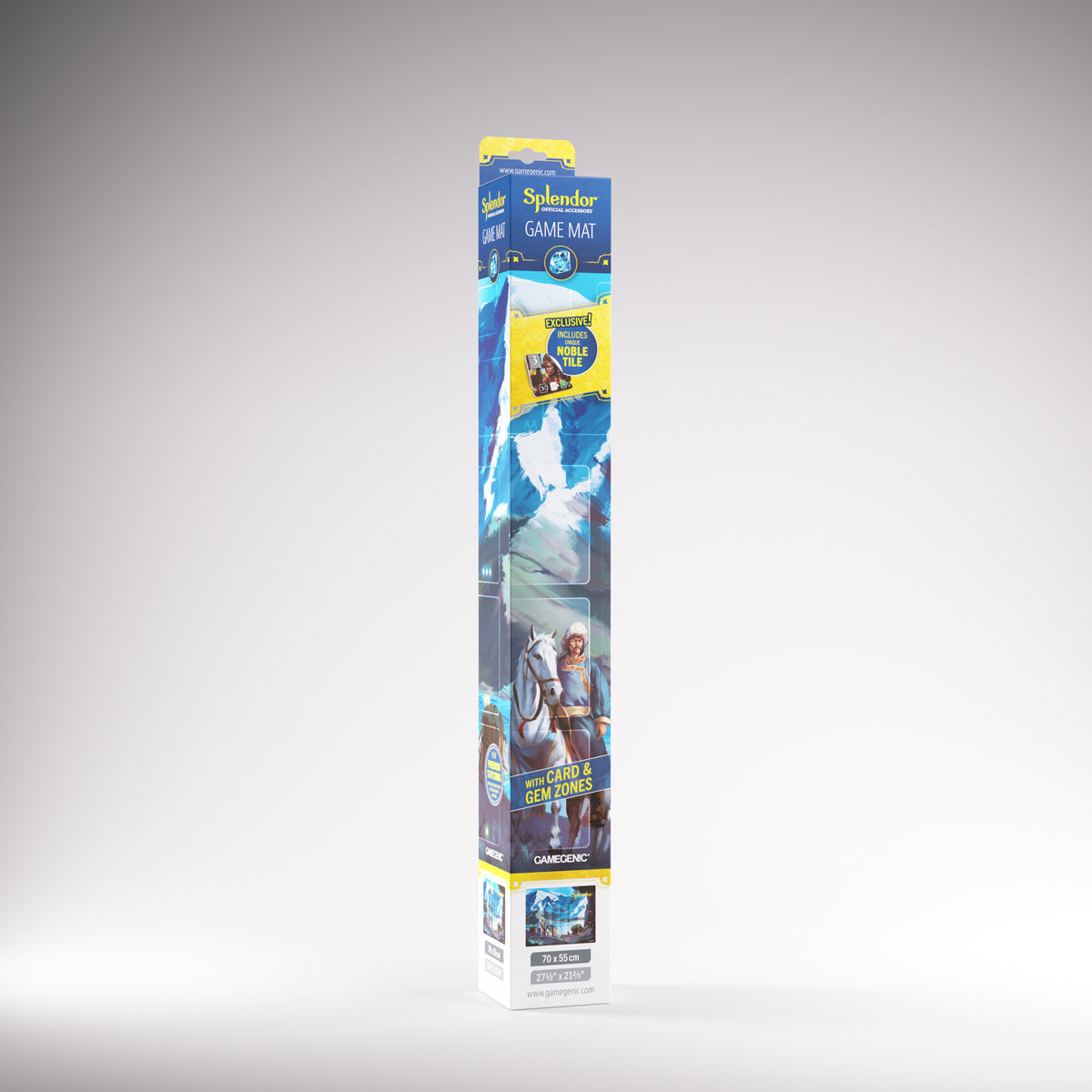 Gamegenic  Splendor Game Mat retail box, featuring artwork of a man on a white horse, "Noble Tile" and "Card & Gem Zones" details