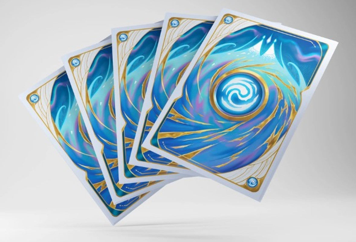 Four blue card backs with a swirling water design and gold accents