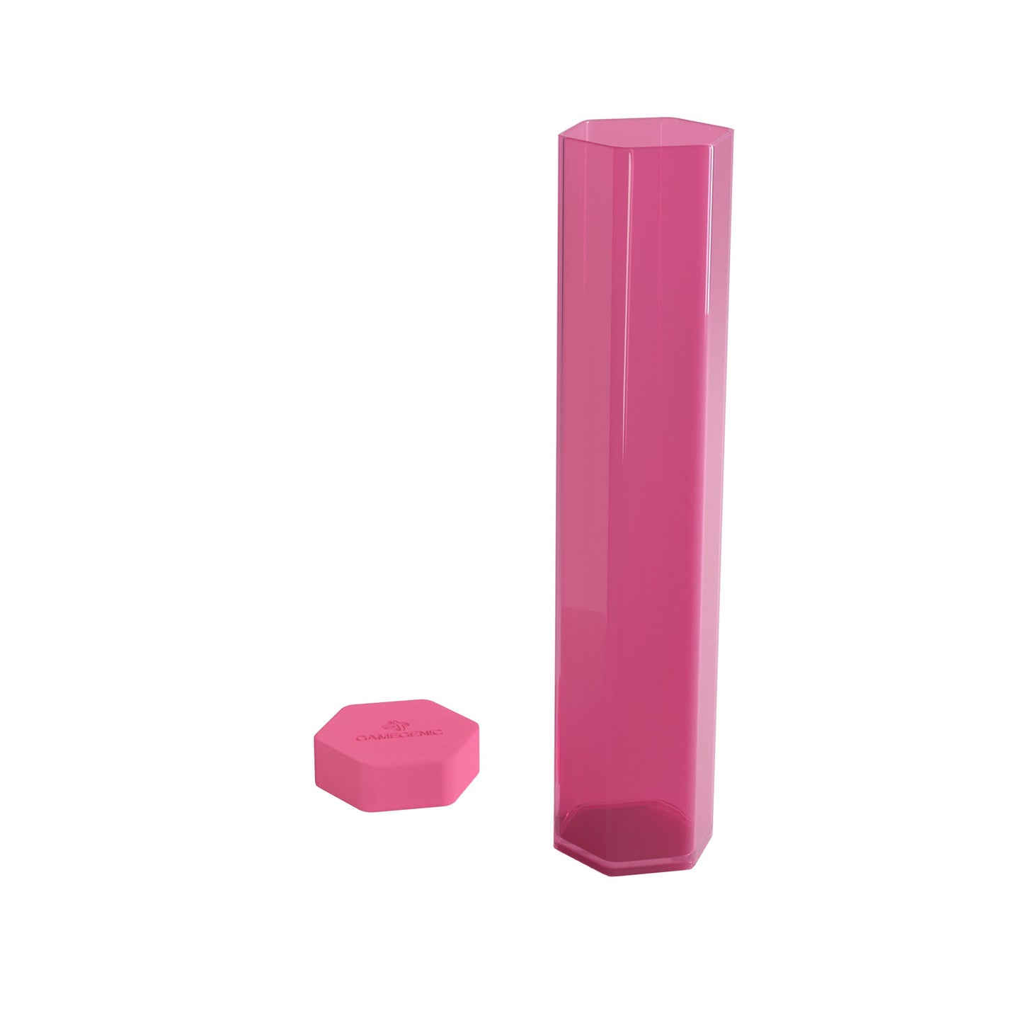 Translucent pink hexagonal plastic playmat tube and its matching Gamegenic cap