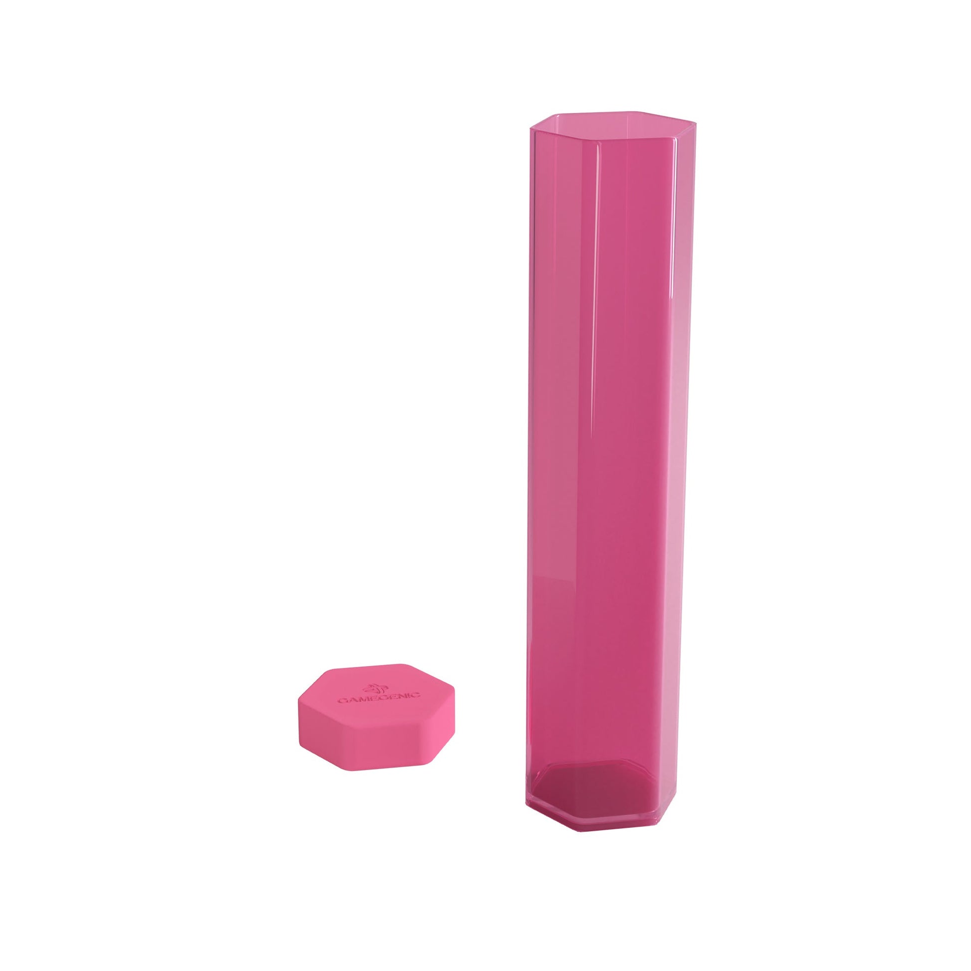 Translucent pink hexagonal plastic playmat tube and its matching Gamegenic cap