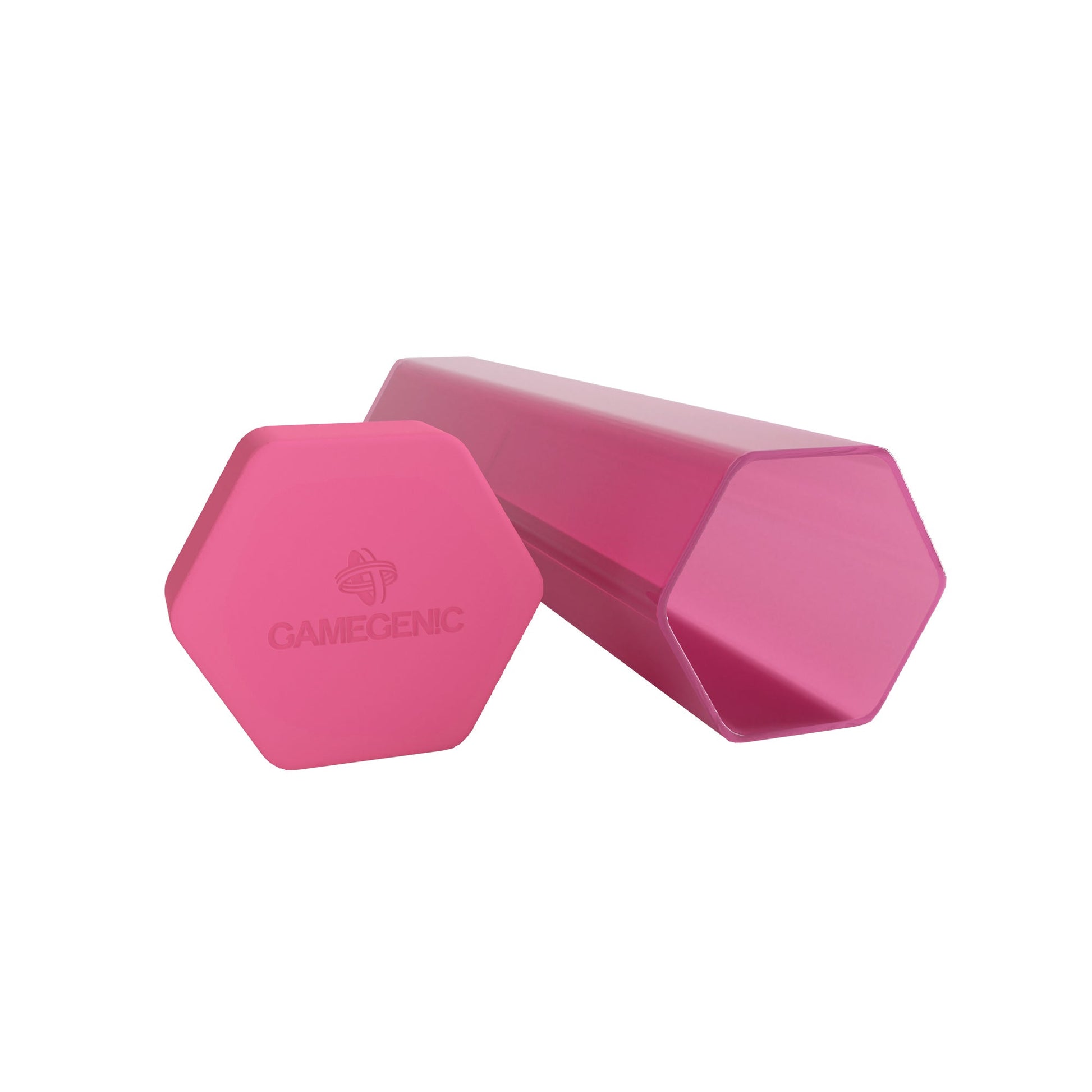 Pink hexagonal Gamegenic playmat tube and separate cap on a white background
