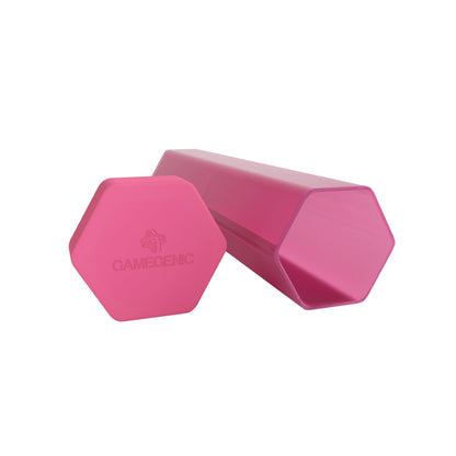 Pink hexagonal Gamegenic playmat tube and separate cap on a white background
