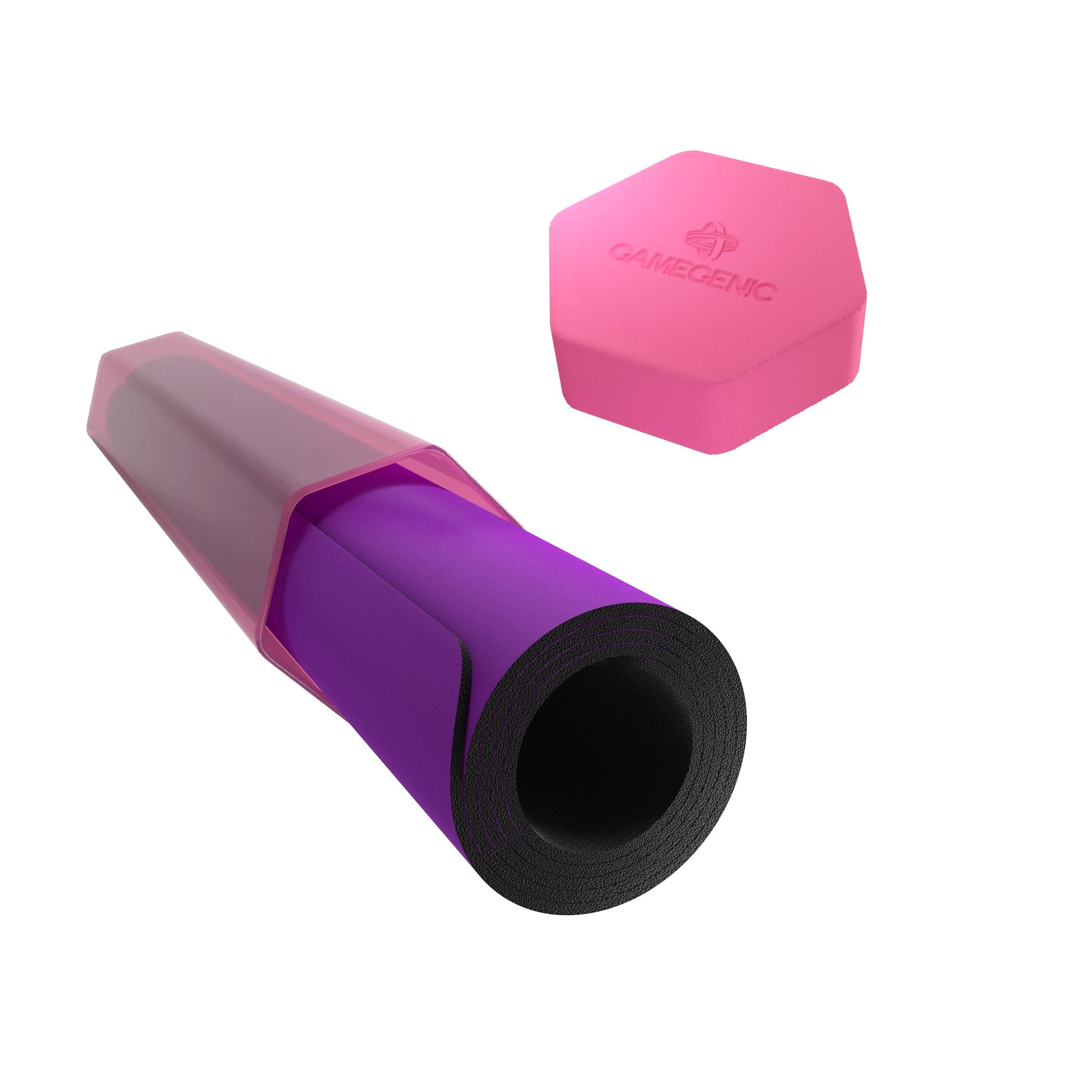 Purple gaming mat rolled in a pink playmat tube and a separate pink Gamegenic accessory container