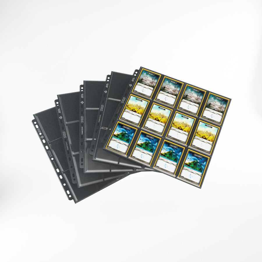 Gamegenic 24-Pocket Side-Loading Page in black with several trading cards inserted into its clear pockets, illustrating its use