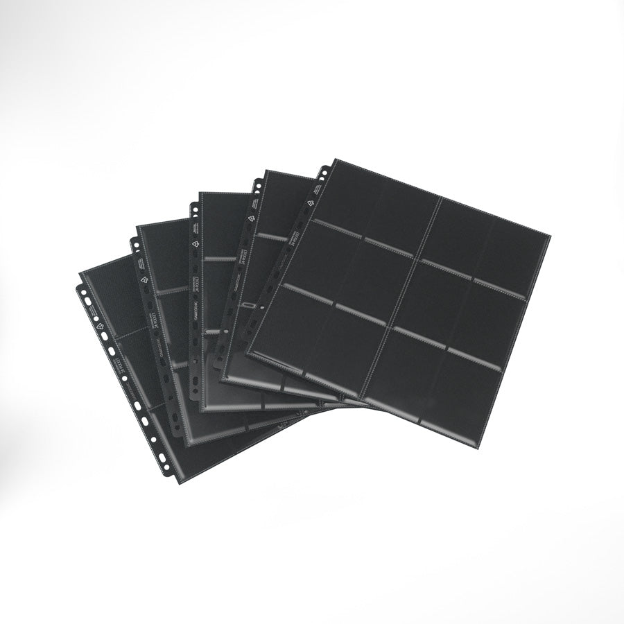 A stack of Gamegenic 24-Pocket Side-Loading Pages in black, demonstrating their flat profile and professional look