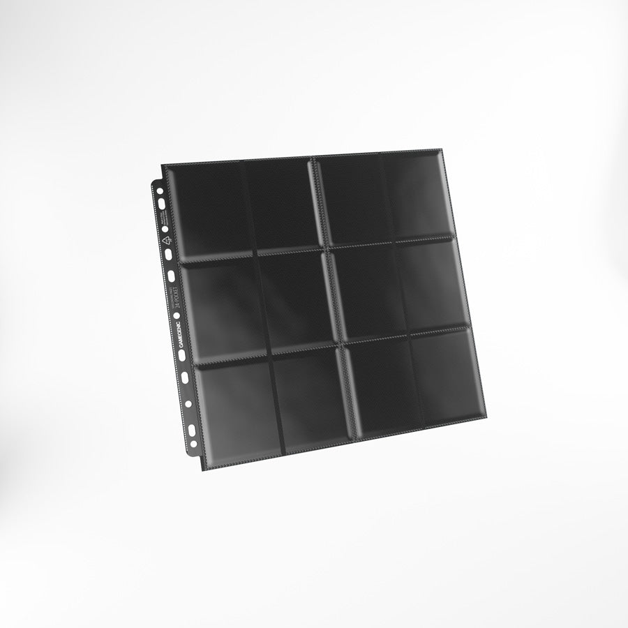 Close-up of a single Gamegenic 24-Pocket Side-Loading Page in black, showcasing its clear pockets and side-loading entry