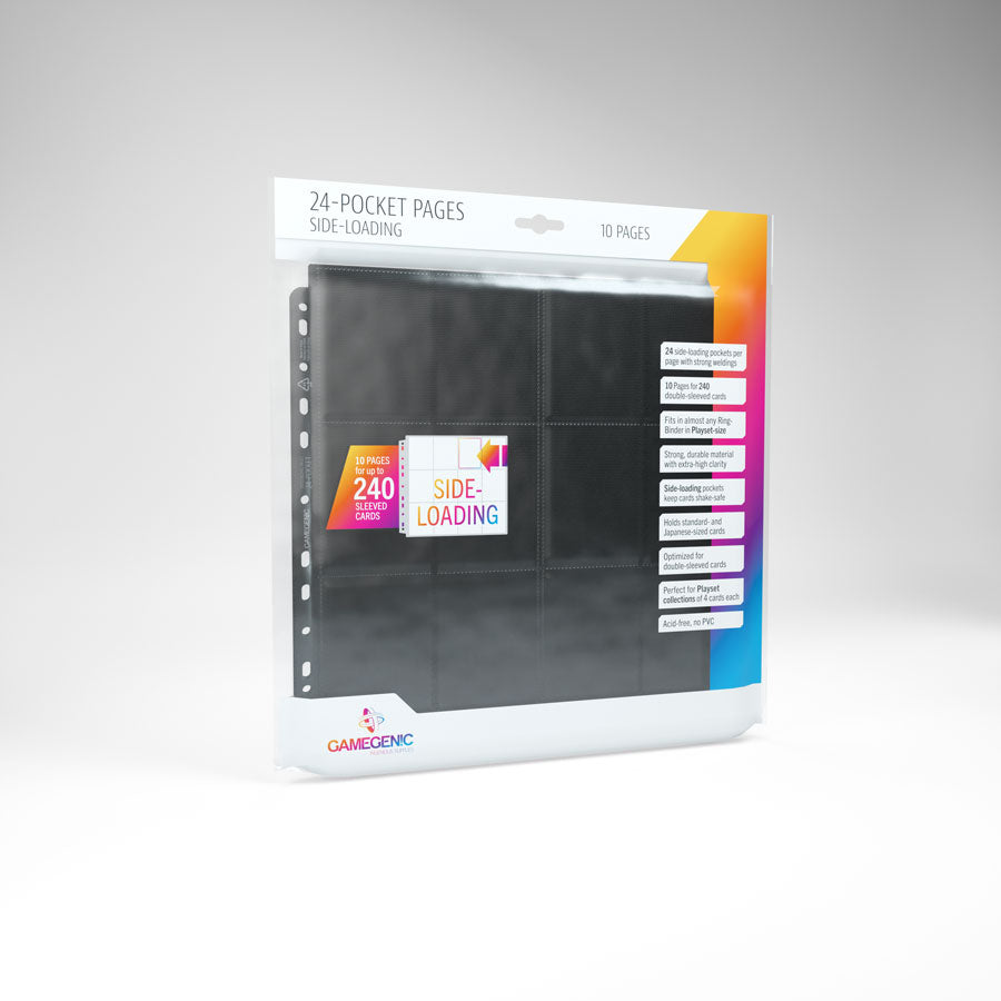 Gamegenic 24-Pocket Side-Loading Pages 10-piece pack in black, displayed vertically to show the packaging