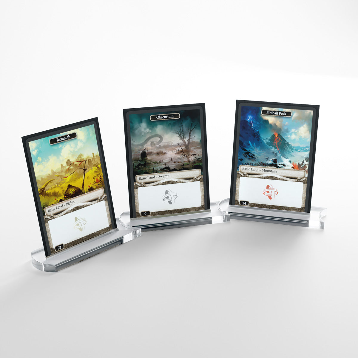 Clear acrylic card stands with cards inserted