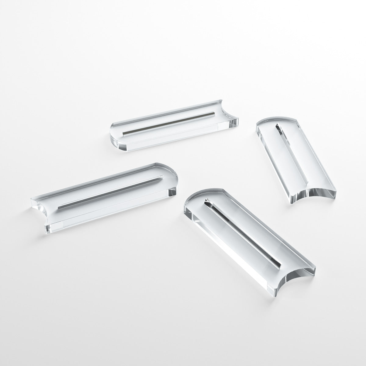 Close-up of clear acrylic card stands side view