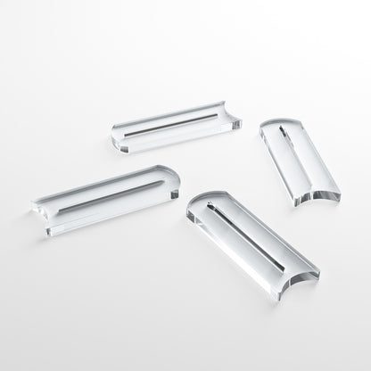 Close-up of clear acrylic card stands side view