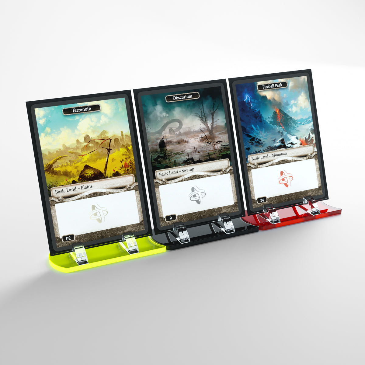 GG Card Stands in yellow, black, and red, holding collectible trading cards