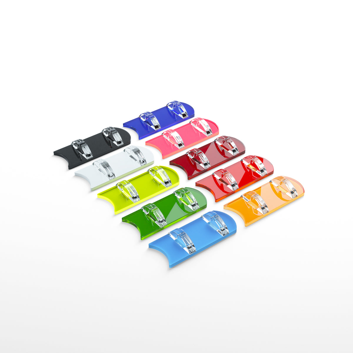 gg cardstands, multi-color acrylic, side view of eleven stands
