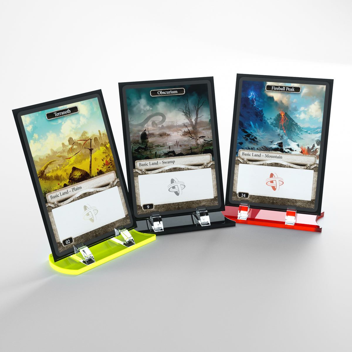 Three GG card stands in yellow, black, and red, holding game cards