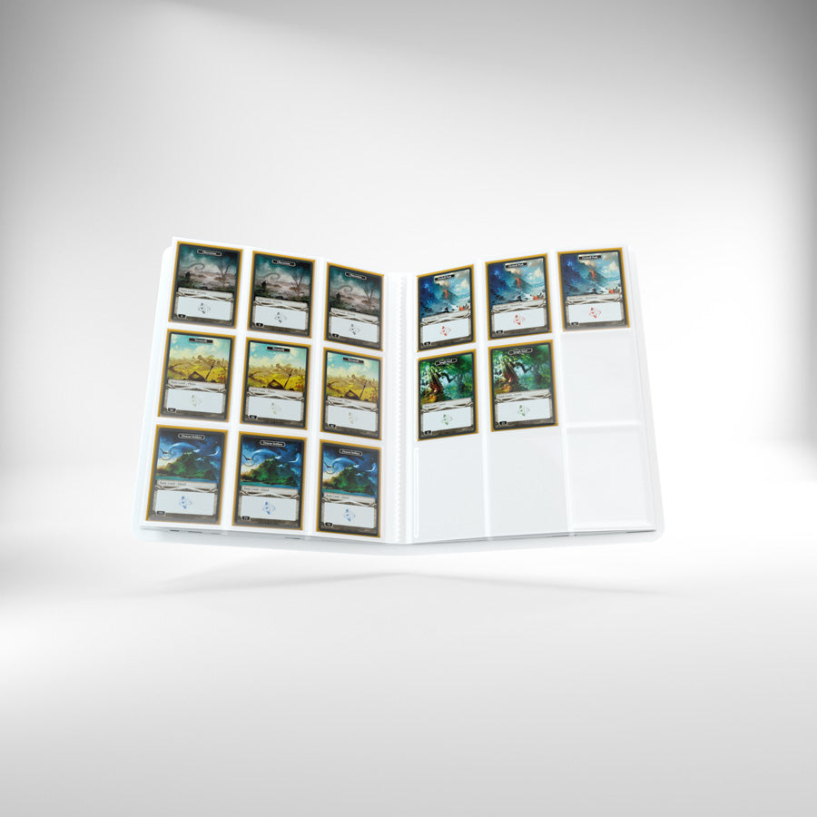 An open white Gamegenic Casual Album displays rows of fantasy-themed collectible cards in clear protective sleeves