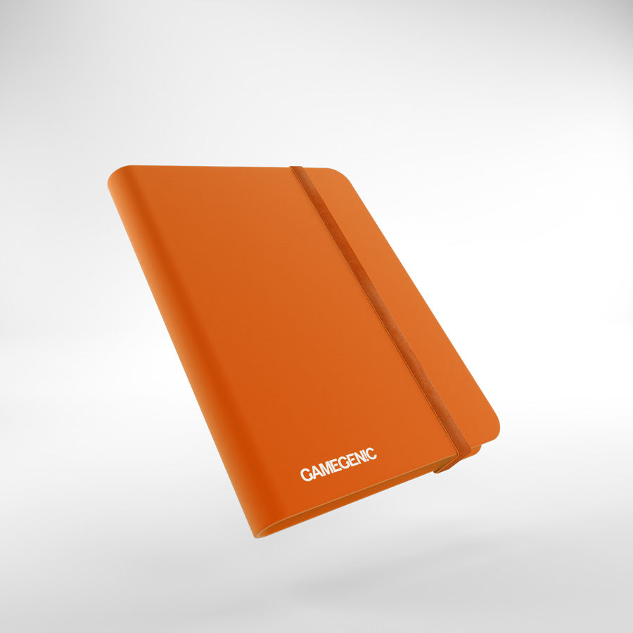 An orange Gamegenic Casual Album with an elastic strap, hovering against a white background