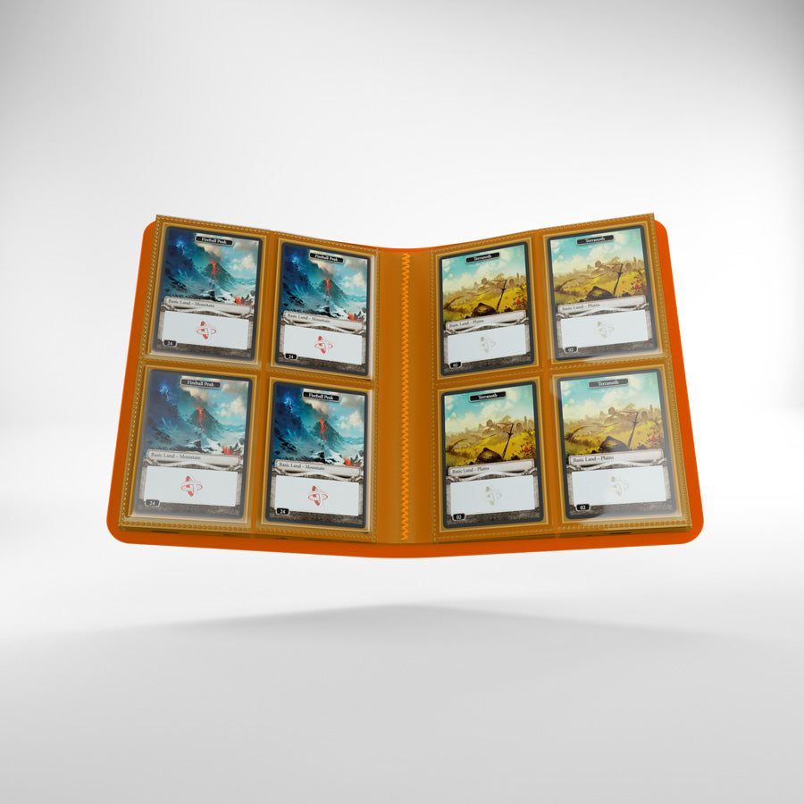 An open orange Gamegenic Casual Album displays 8 trading cards: 4 volcanic mountains and 4 grassy plains