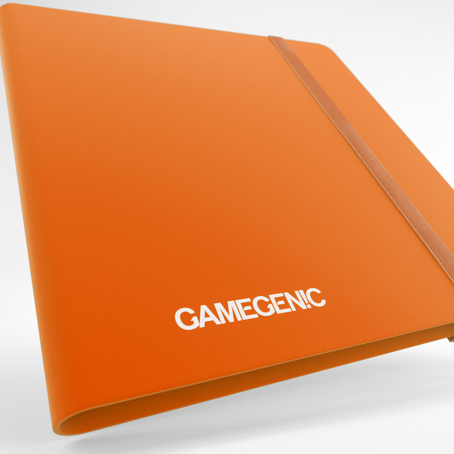 An orange Gamegenic Casual Album with a brown elastic band, angled on a white background