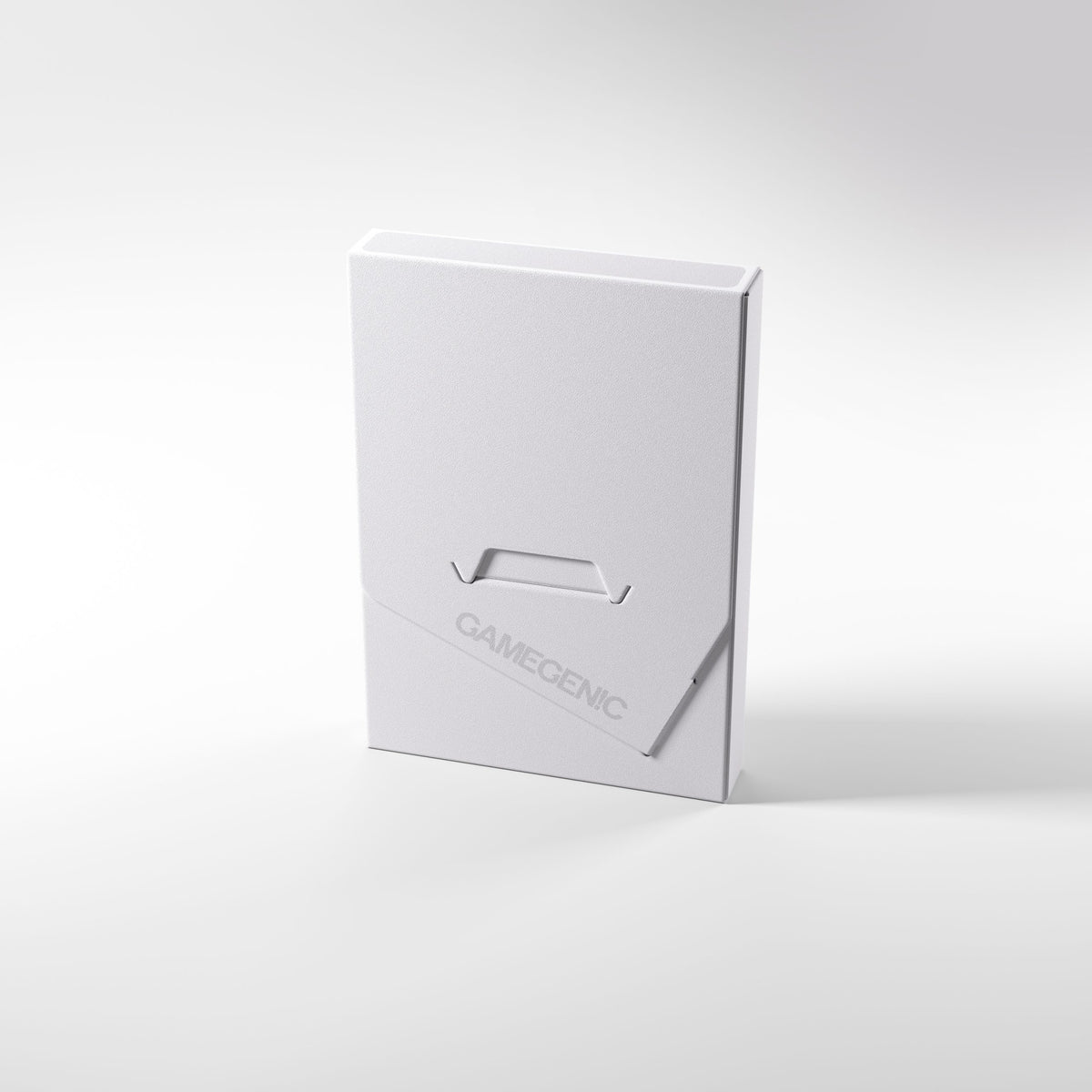 A textured white Cube Pocket 15 Card Holder stands upright on a white surface, featuring a unique top opening flap
