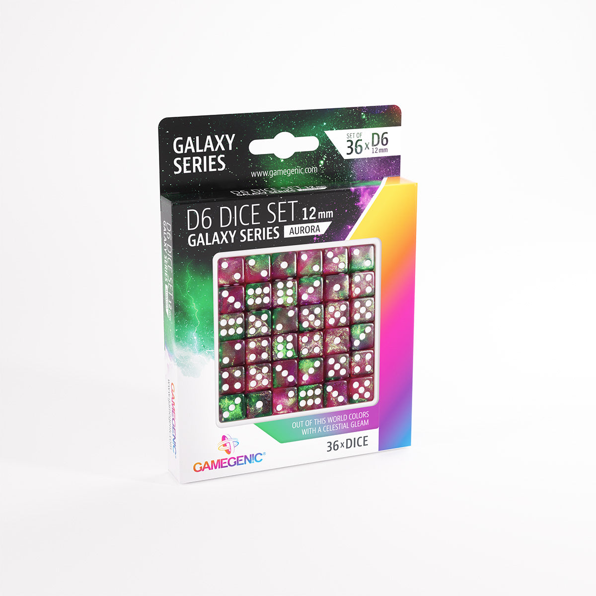 Gamegenic Galaxy Series D6 Dice Set 36 Aurora-colored 12mm dice with white pips displayed in a clear plastic case