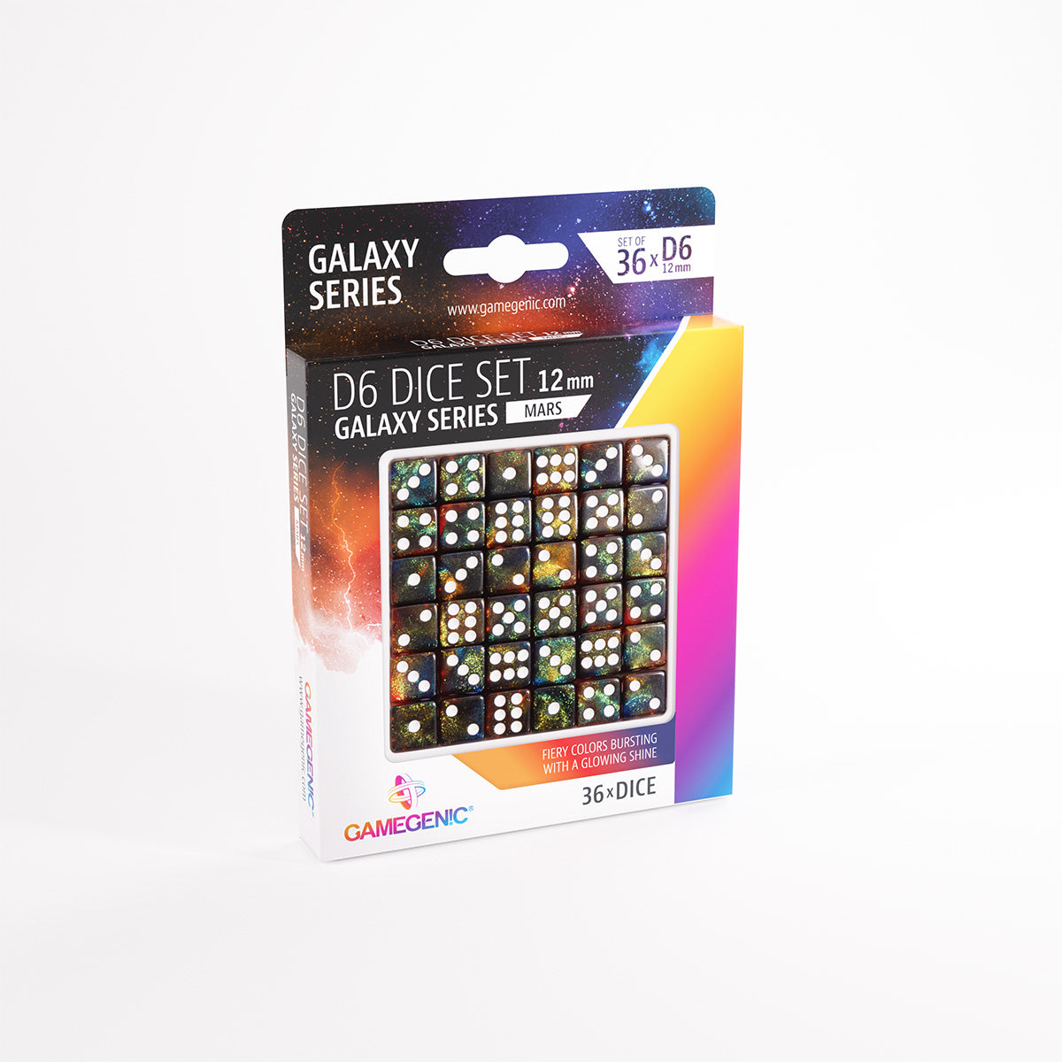 Gamegenic Galaxy Series D6 12mm dice set Mars edition featuring 36 black dice with colorful swirls and white pips displayed in a retail box