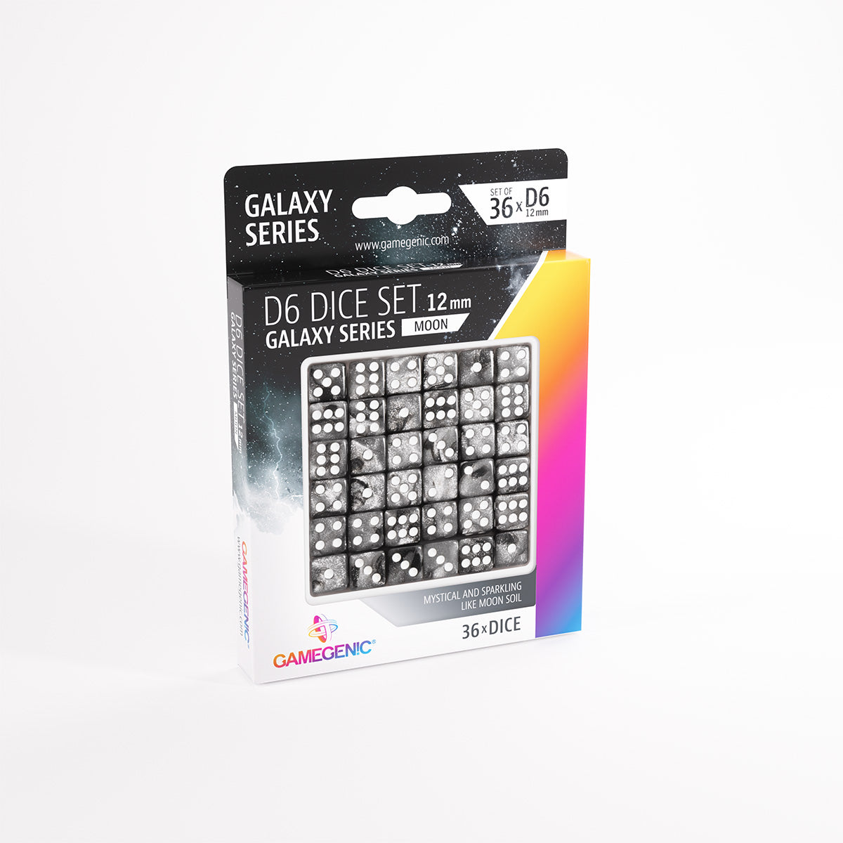 Gamegenic Galaxy Series Moon 12mm D6 Dice Set featuring 36 sparkling black and white dice resembling moon soil displayed in a clear box
