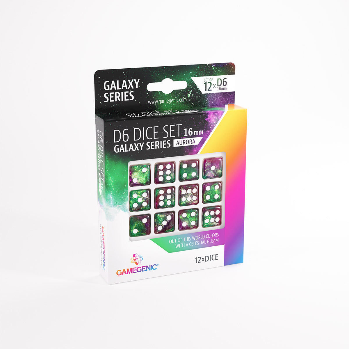 Gamegenic Galaxy Series D6 dice set 12 Aurora 16mm dice in vibrant green and purple with white pips displayed in a retail box