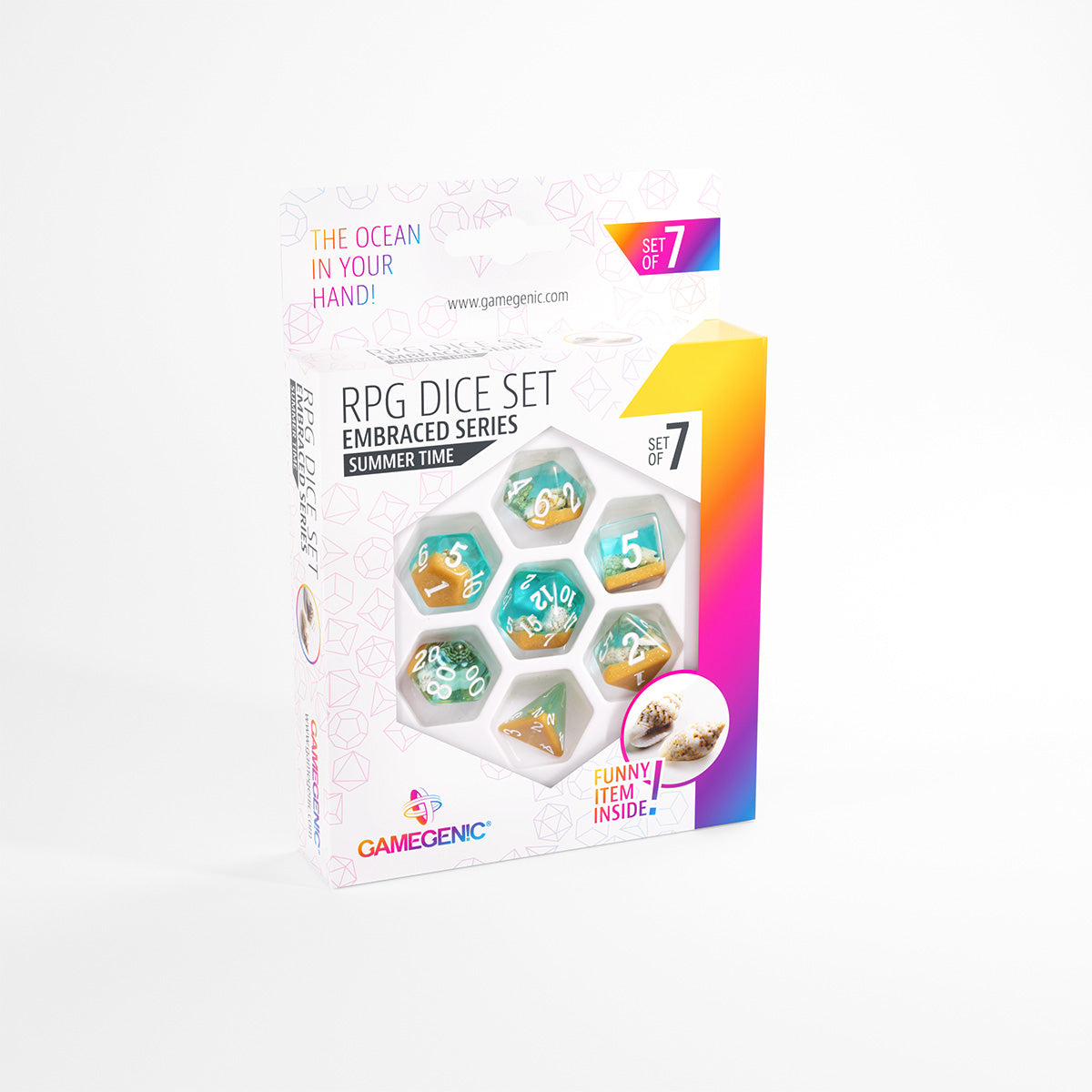 Gamegenic "Summer Time" 7-piece RPG dice set box. The dice are teal and yellow, featuring encapsulated ocean and sand